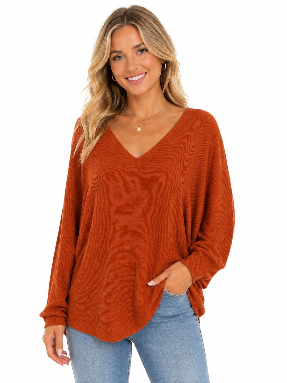 Relaxed V-Neck Pullover Sweater - Rust